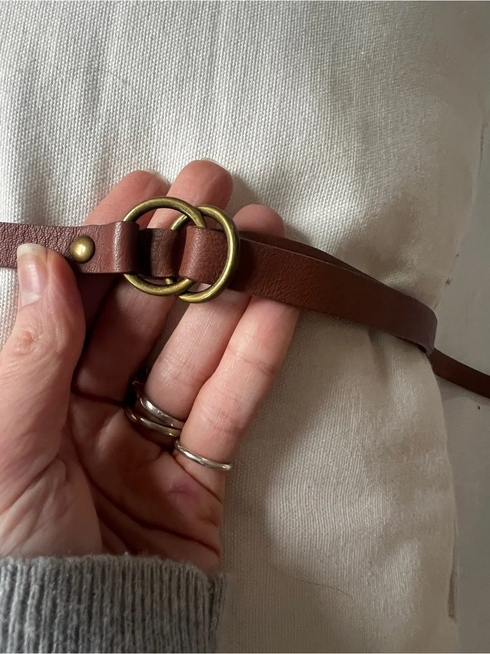 Tibi Chestnut Brown Leather Double-Ring Skinny Belt with Brass Hardware One Size - Picture 2 of 10